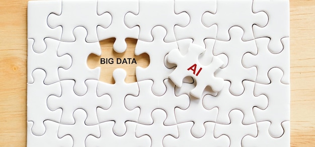 Big data y IA palabra en rompecabezas vio el concepto de negocio y tecnología de fondo.
