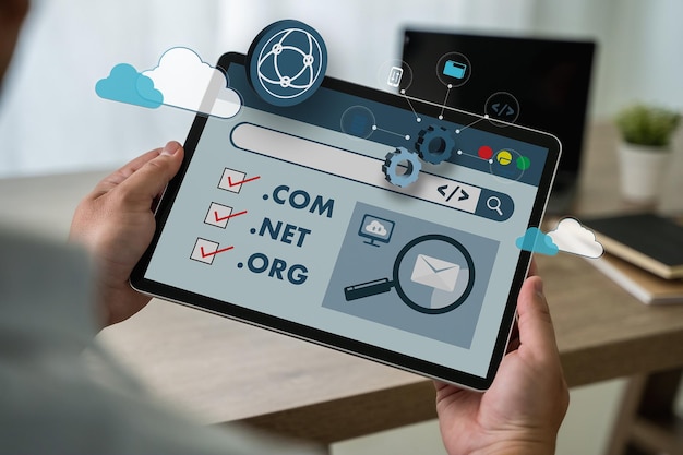 Big Data en una página web de dominio y SEO Registro de nombres de dominio de Internet Dirección de dominio Red de Internet Sitio web en línea en una computadora