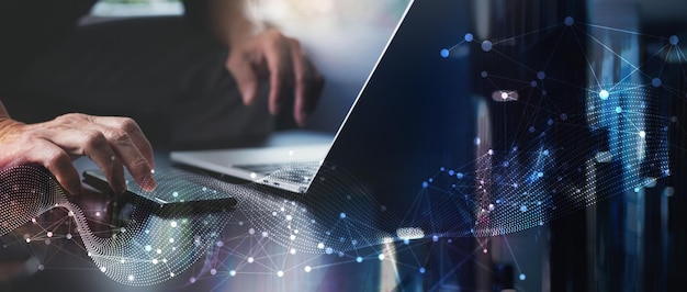 Big data tecnología digital conexión a la red de internet fondo de tecnología futurista Hombre usando mibile fobe y portátil y ciudad inteligente