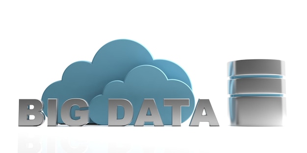 Big data texto y nubes azules aisladas sobre fondo blanco ilustración 3d