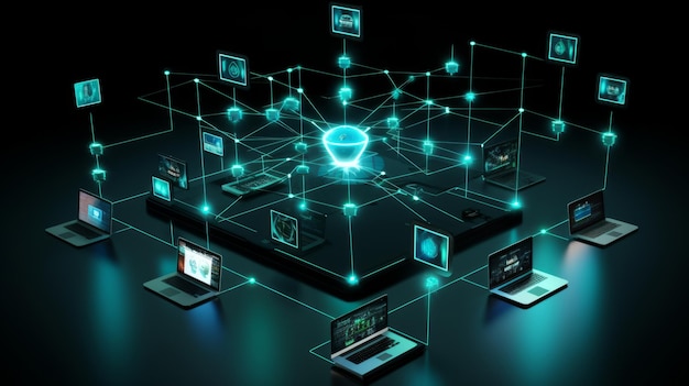 Big data Um diagrama de rede futurista mostrando pontos de acesso ao servidor Infosystem