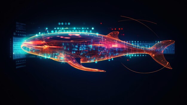 Big data visualización vuelo de una ballena digital en colores de neón información diseño estético