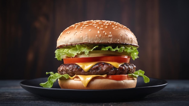 Big Delicious Burger com Queijo em prato preto Ilustração de raster gerada por Ai