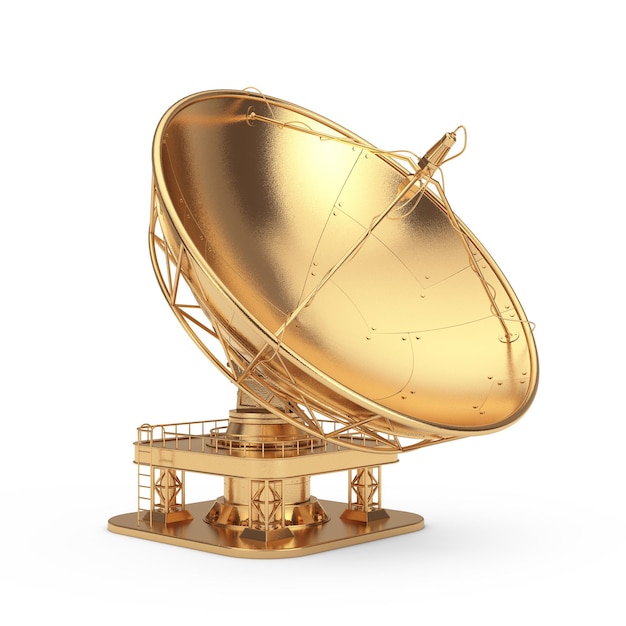 Big Golden Satellite Dish Antenna Radar sobre un fondo blanco 3D Rendering