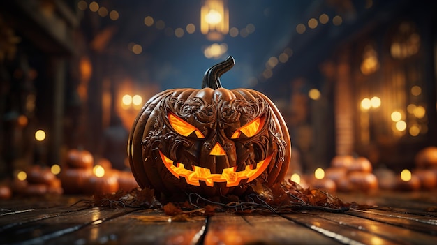 Foto big halloween bombinha relâmpago no chão de madeira rústica na cena da noite