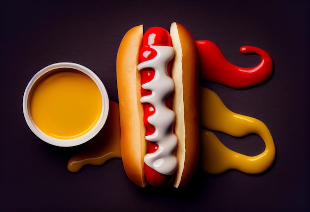 Big Hotdog mit Wurst, Tomaten, Senf und Salat auf schwarzem Hintergrund isoliert Draufsicht AI generiert
