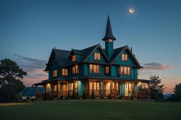 Big House em uma colina com uma lua ao fundo