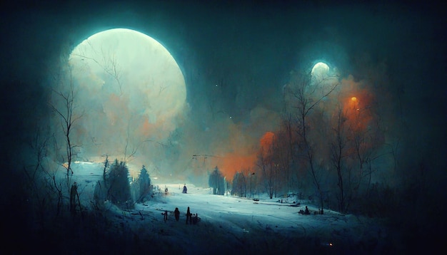 big moon on nacht sternenhimmel winter wald schnee wetter weihnachten natur landschaft kunst abstract