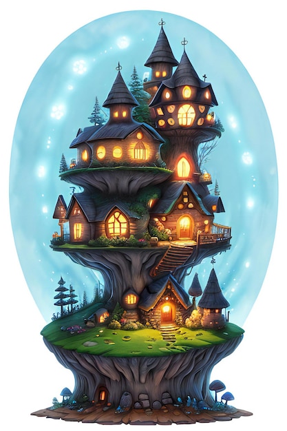 Big Mushroom House Fairy Tale Night Lights MagicIlustración realistaun mágico pueblo de montaña