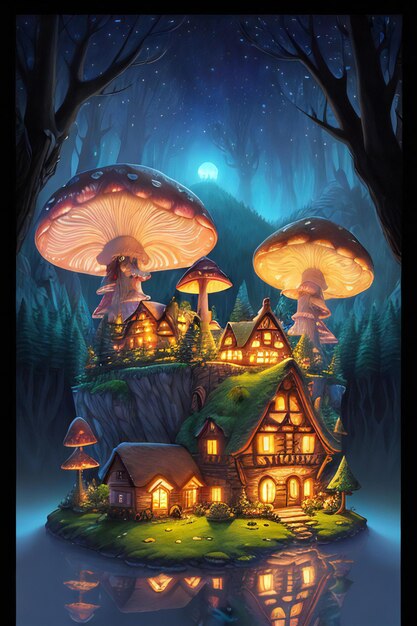 Big Mushroom House Fairy TaleNight Lights MagicIlustração realistauma vila mágica na montanha