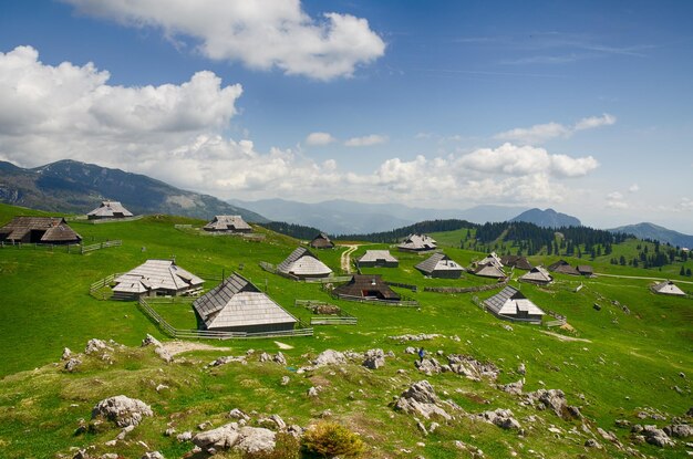 Big Pasture Plateau nos Alpes, Eslovênia. Cabana de montanha, casa na colina verde. paisagem alpina