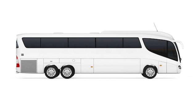 Big White Coach Tour Bus com superfície em branco para seu projeto em um fundo branco. Renderização 3D