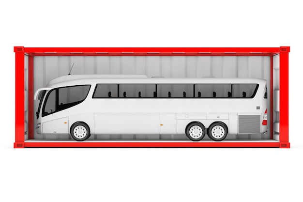 Big White Coach Tour Bus im roten Versandcontainer mit entfernter Seitenwand auf weißem Hintergrund. 3D-Rendering.