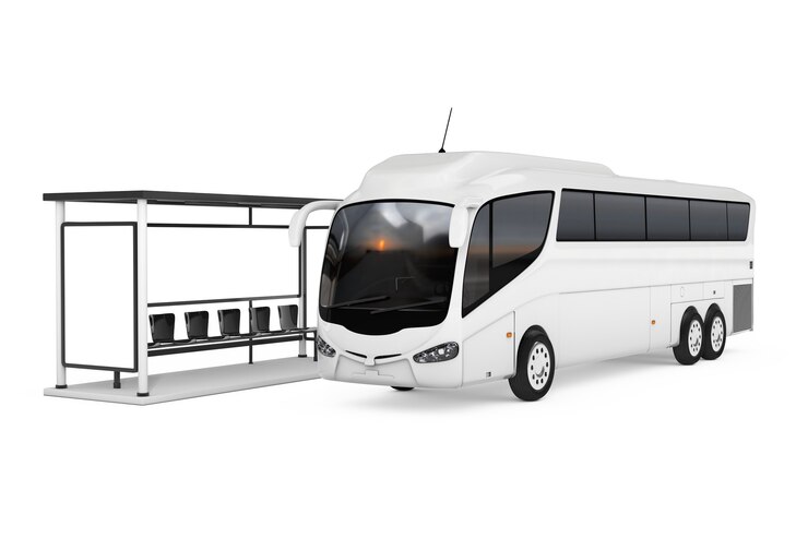 Foto big white coach tour bus perto da estação rodoviária em um fundo branco. renderização 3d