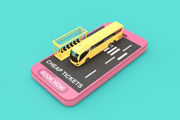 Big Yellow Coach Tour Bus con estación de autobuses a través de teléfono móvil con billetes baratos Firme y reserve ahora el botón sobre un fondo verde. Representación 3D