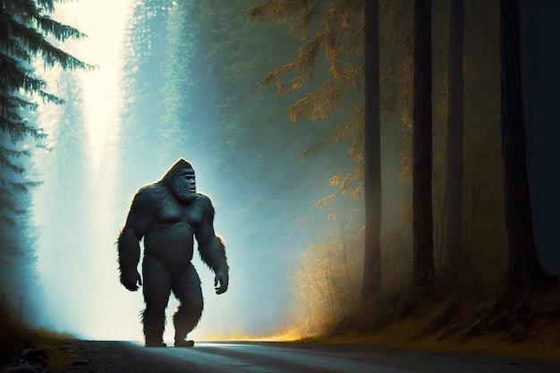 Bigfoot andando pela estrada da floresta entre árvores altas