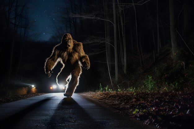 Bigfoot correndo ao longo da estrada florestal interestadual à noite à luz da rede neural dos faróis do carro