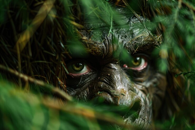 Foto bigfoot esconde o rosto de sasquatch nas florestas profundas