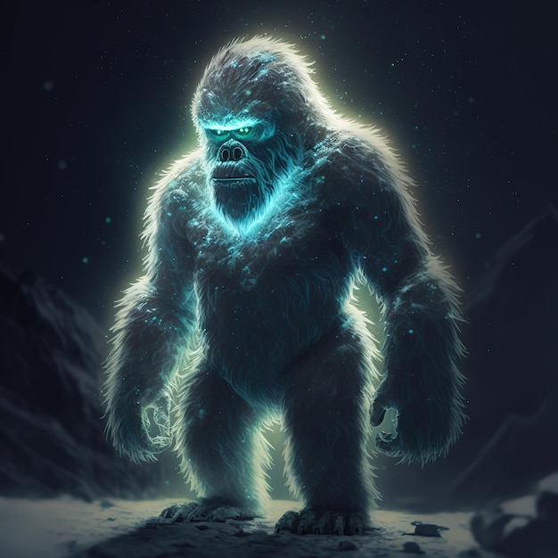 Un Bigfoot está parado en la nieve con la nieve sobre él.