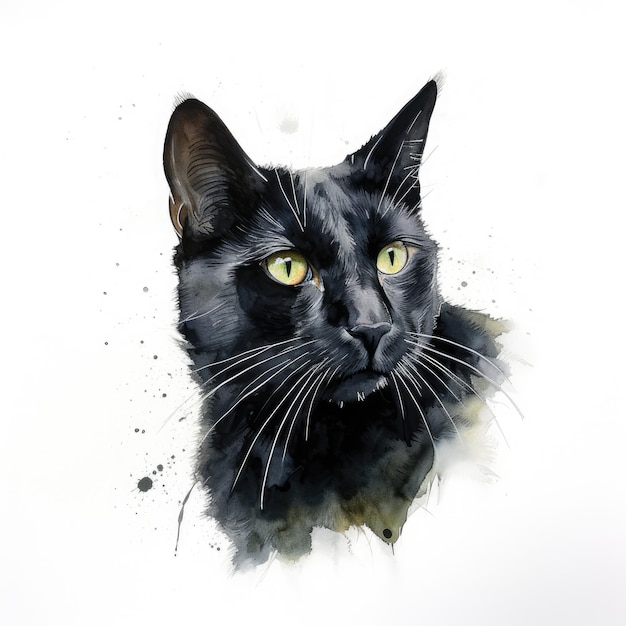 Bigodes Inky O encantador retrato em aquarela de um gato preto contra um fundo branco