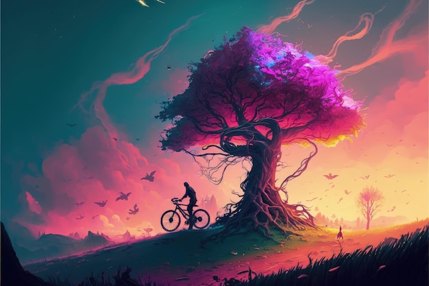 Biker ciclismo en pradera con árbol imaginativo y firmamento multicolor Concepto de fantasía Pintura de ilustración IA generativa