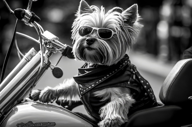 Foto biker-hund mit leine im maul, der auf dem rücken eines fahrrads fährt