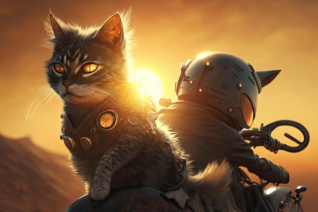 Biker-Katze reitet auf dem Rücken einer anderen Katze, im Hintergrund scheint die Sonne