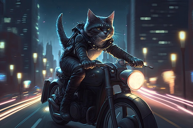 Biker-Katze reitet nachts durch die Stadt mit hellen Lichtern und hohen Gebäuden im Hintergrund