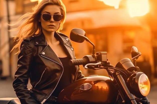 Biker-Mädchen in Lederjacke auf einem Motorrad Generative KI
