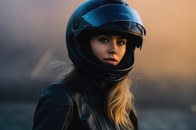 Biker-Mädchen mit Helm auf einem Motorrad Generative KI