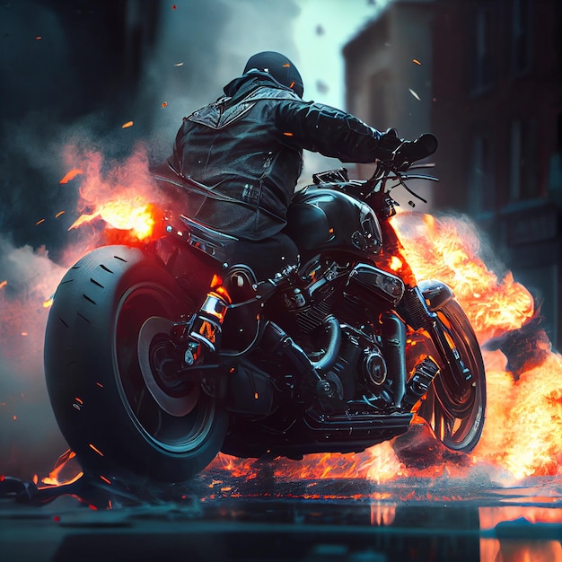 Biker montando moto clásica en fire epic chopper o moto scrambler