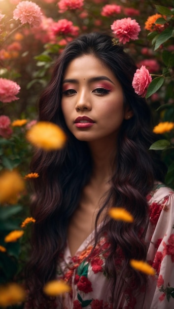 Bild 4K von Mujer Asiatica en Bosque mit Maquillaje y Luz Natural