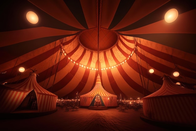 Foto bild aus dem inneren eines großen zirkus, der von wunderschönen lichtern in seiner unglaublichsten präsentation beleuchtet wird