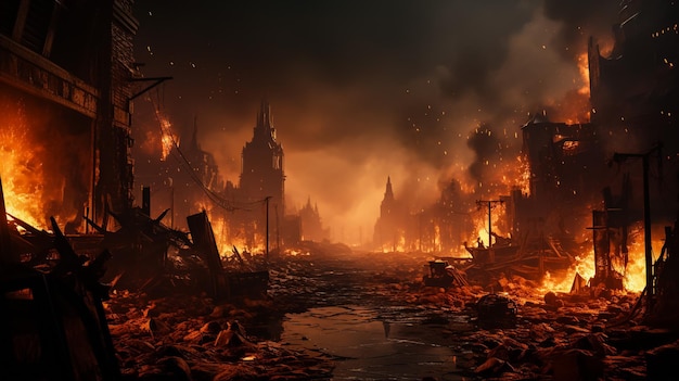 Bild, das eine zerstörte Stadt bei einem Brand darstellt