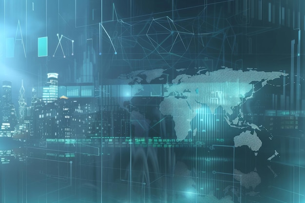 Bild der Datenverarbeitung und der Weltkarte über das Stadtbild Globales Geschäfts- und digitales Schnittstellenkonzept