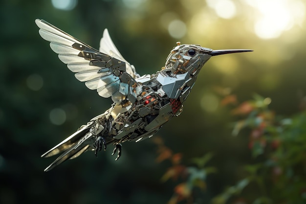 Bild der fliegenden Kolibri-Elektrorobotertechnologie im Wald. Generative KI-Illustration für Vögel und Wildtiere