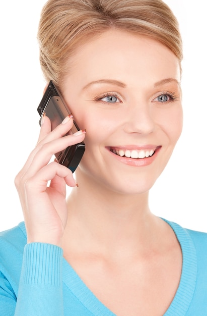 Bild der glücklichen Geschäftsfrau mit Telefon über Weiß
