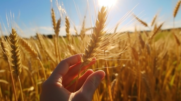 Bild der Hand einer Person, die eine Weizenähre auf einem Feld hält. Generierte KI