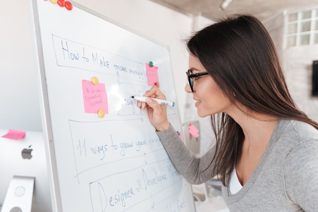 Bild der jungen konzentrierten Geschäftsfrau im Büro, die mit Flipchart arbeitet. Schauen Sie sich das Flipchart an.