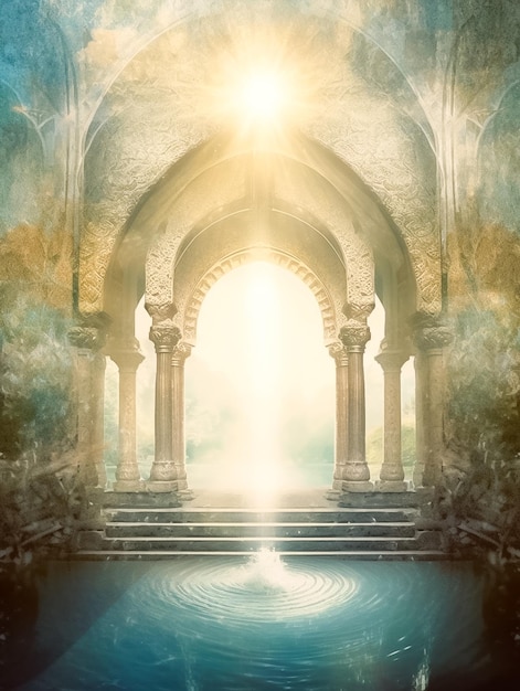 Bild der Mond- und Brunnenszene mit der Sonne im Stil der von Ai erzeugten ätherischen Symbolik