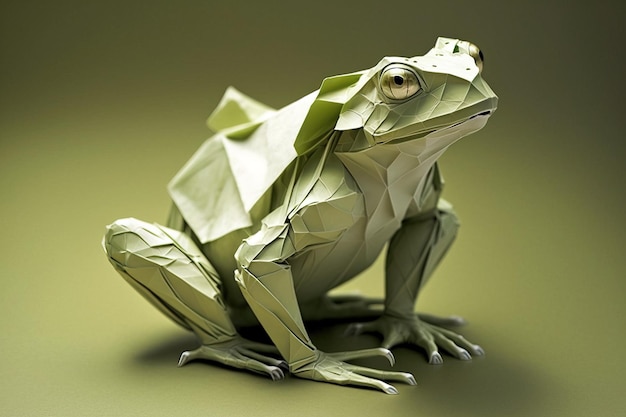 Bild der Papierorigami-Kunst Büttenpapier grüner Frosch Amphibientiere Illustration generative KI