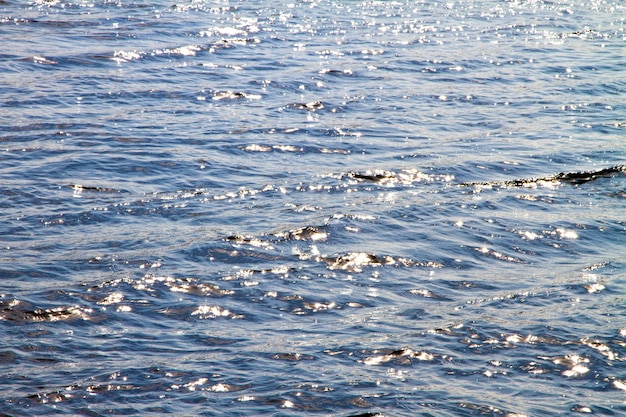 Bild der Wasseroberfläche des Flusses mit Wellen und Sonnenlichtreflexionen