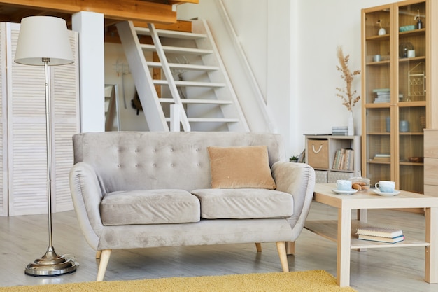 Bild des modernen bequemen Sofas im Wohnzimmer im Haus