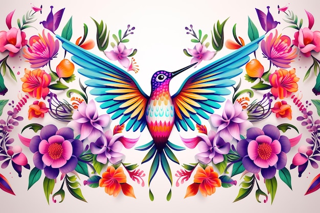 Bild des Musterdesigns mit Kolibri, Blumen und Blättern. Wildtiere, Vögel, Illustration, generative KI