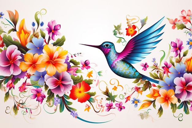 Bild des Musterdesigns mit Kolibri, Blumen und Blättern. Wildtiere, Vögel, Illustration, generative KI