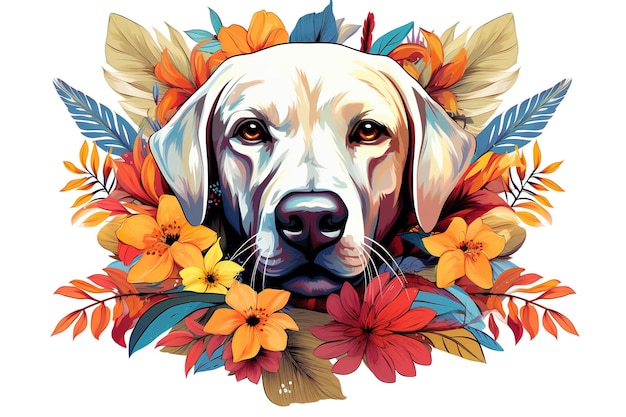 Bild des Musterdesigns mit Labrador-Hund und Blumen und Blättern. Illustration von Haustiertieren. Generative KI