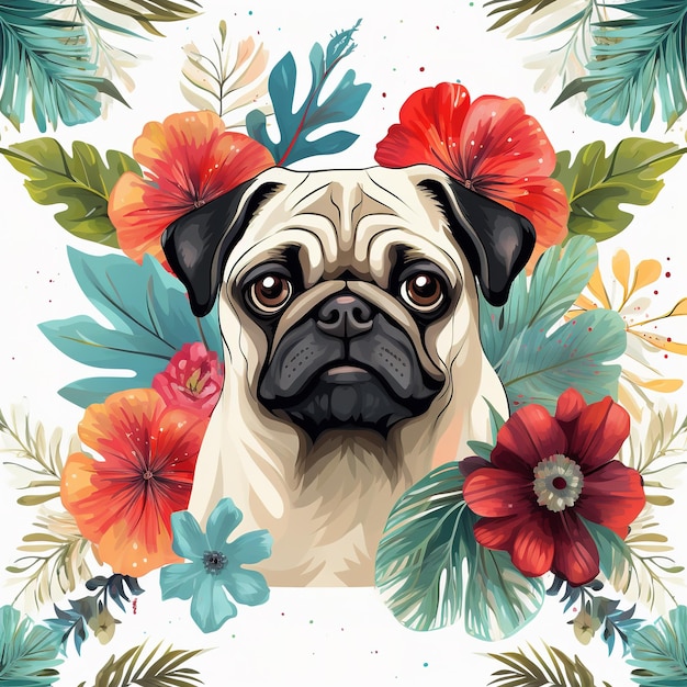 Bild des Musterdesigns mit Mops-Hundekopf und Blumen und Blättern. Illustration von Haustiertieren. Generative KI