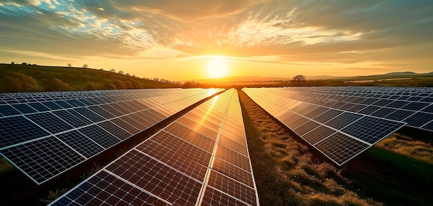 Bild des Sonnenkollektorfeldes bei Sonnenuntergang Alternative und erneuerbare Energien Notfallkonzept für das Klima