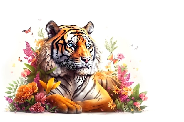 Bild des Tigerkopfes mit bunten tropischen Blumen Tierwelt Tierillustration Generative KI