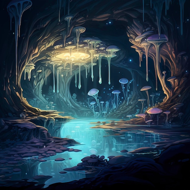 Bild einer biolumineszierenden Höhle mit leuchtender generativer Pilz-KI